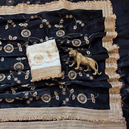 Pure Space Silk With Beautiful Gold Beeds (Bhungali) Work Saree