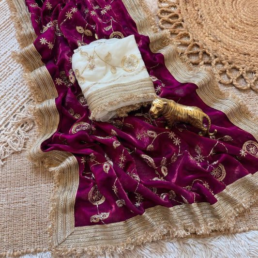 Pure Space Silk With Beautiful Gold Beeds (Bhungali) Work Saree