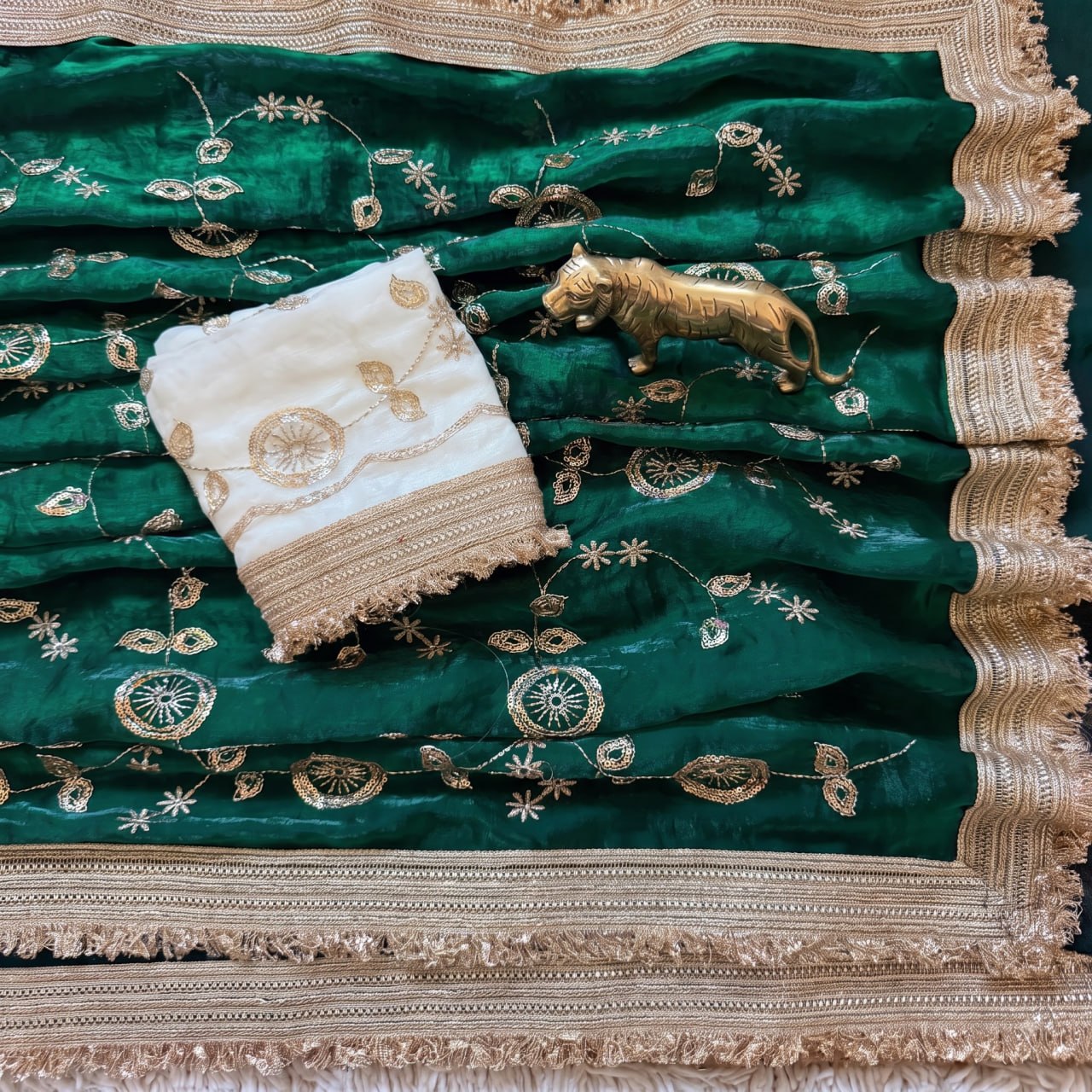 Pure Space Silk With Beautiful Gold Beeds (Bhungali) Work Saree