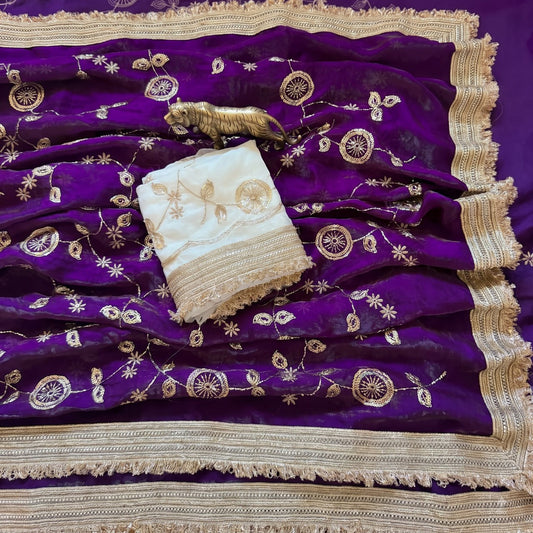 Pure Space Silk With Beautiful Gold Beeds (Bhungali) Work Saree