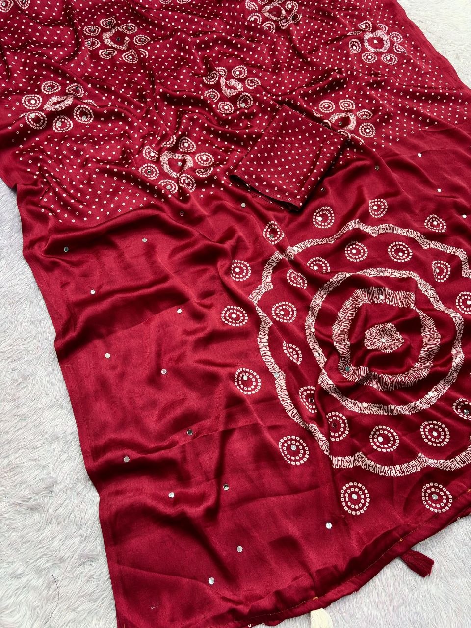 Japan sattin With original mirror work With tassels in pallu saree