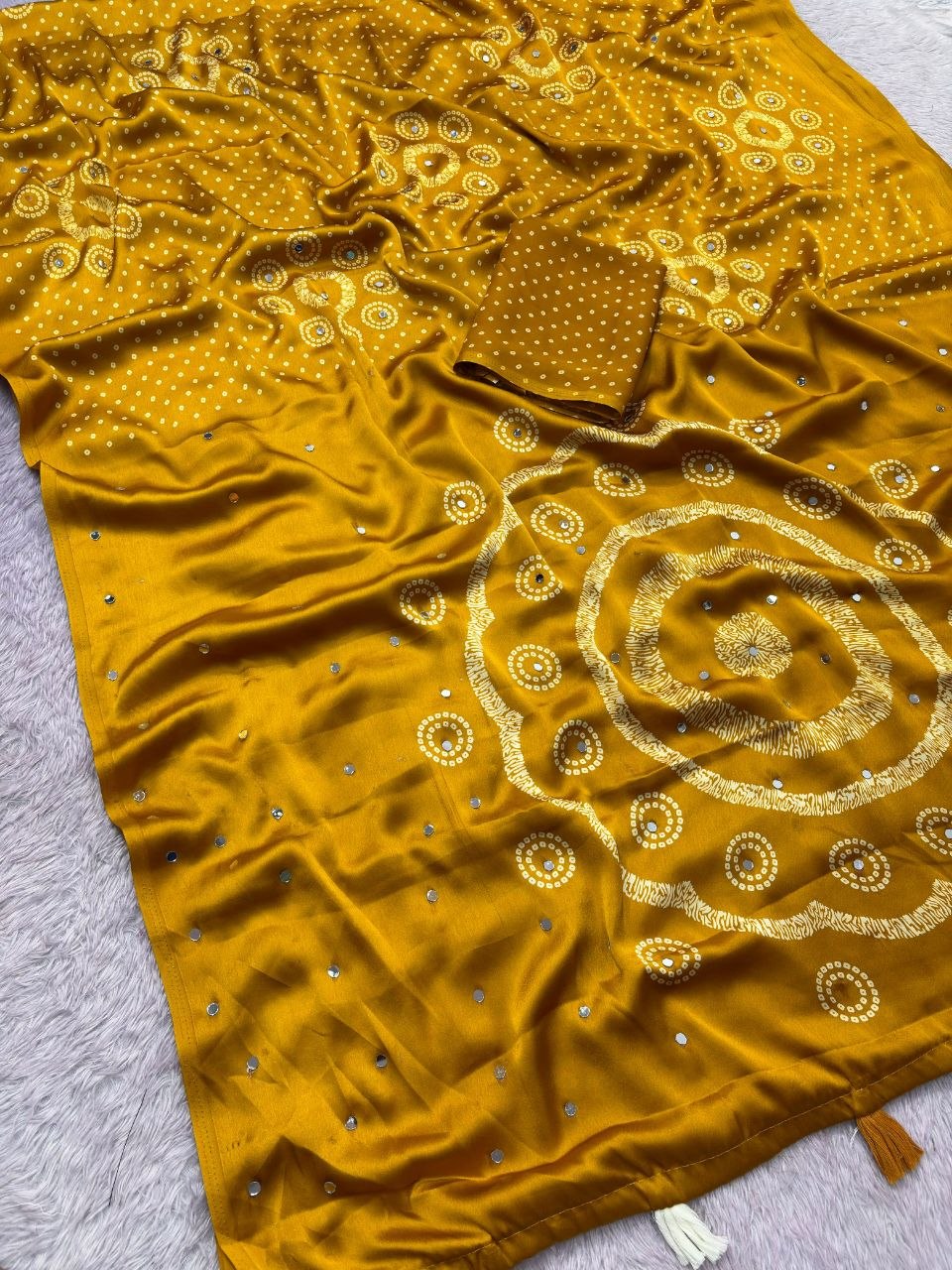 Japan sattin With original mirror work With tassels in pallu saree