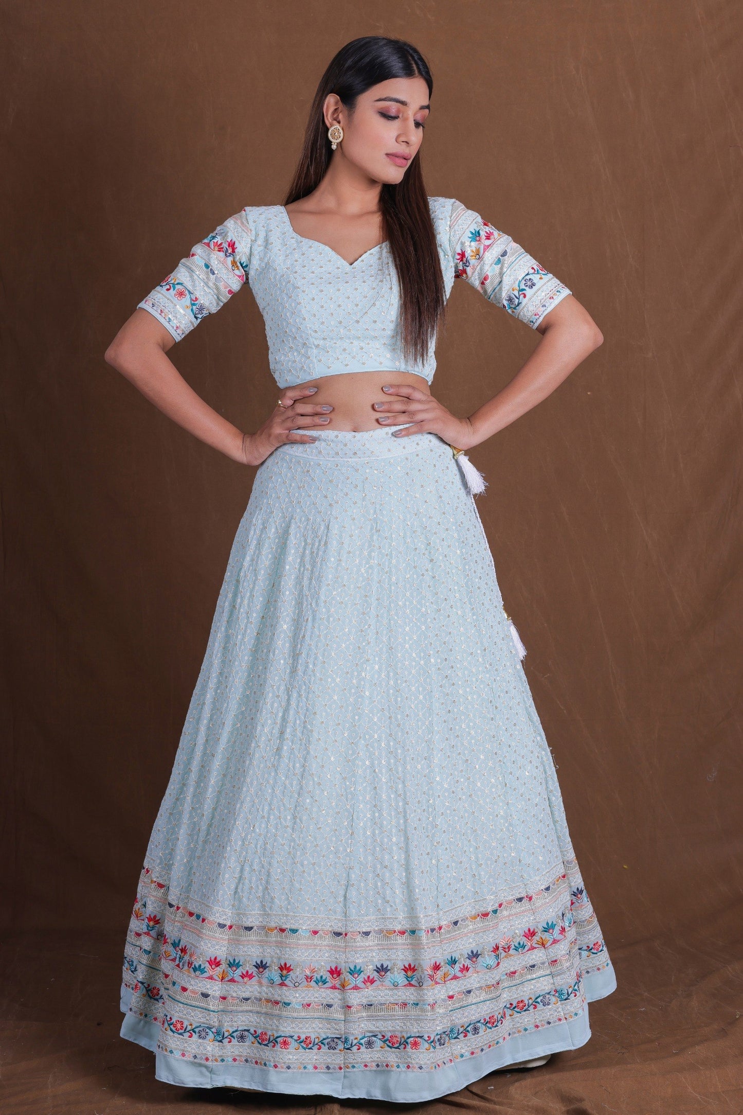 Georgette Multi sequence thread Embroidery work choli
