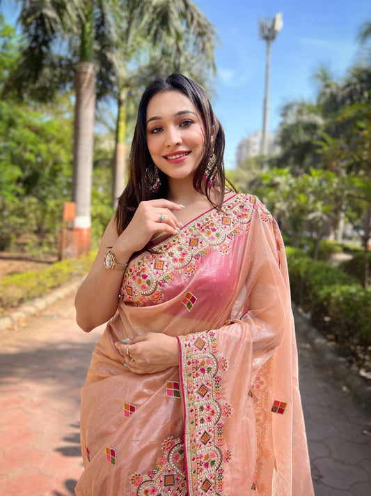 Twill Net Designer Embroidery work of Malti Colour Saree