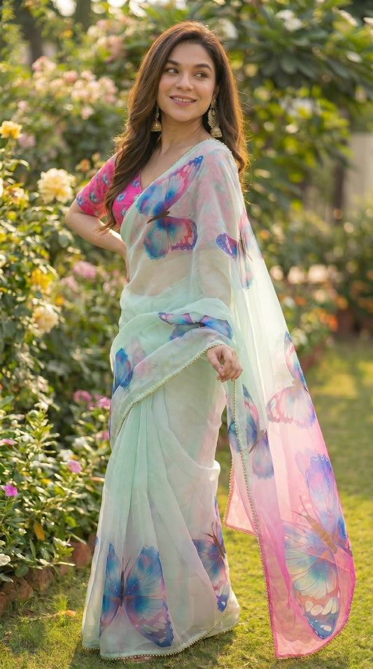 Digital Print with pearl lace border saree