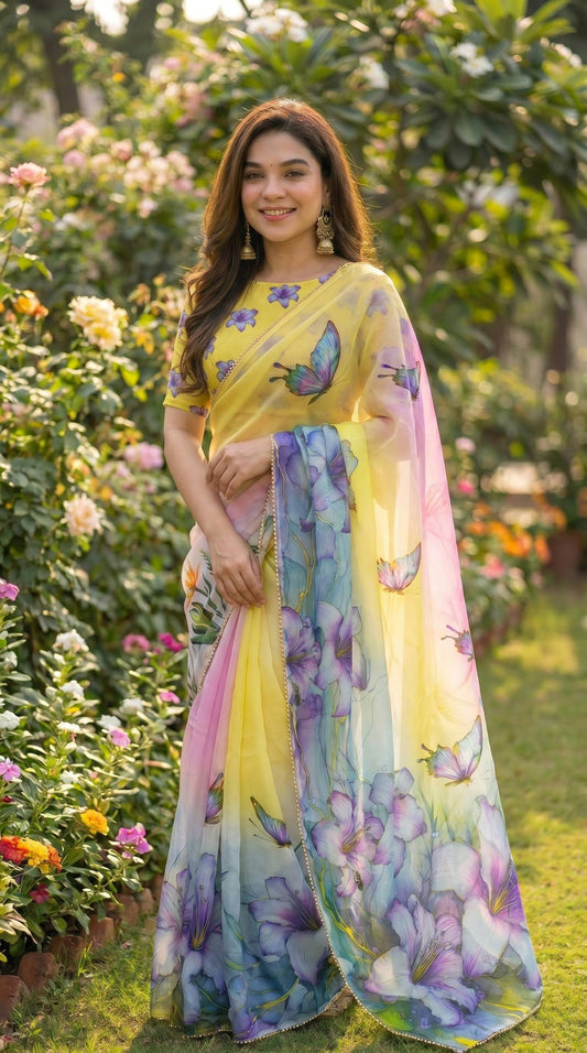 Digital Print with pearl lace border saree