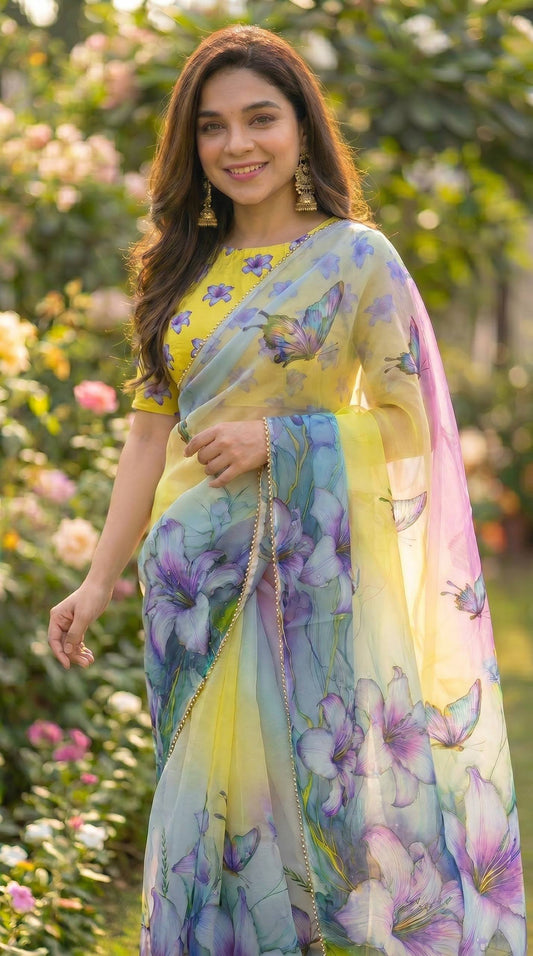 Digital Print with pearl lace border saree