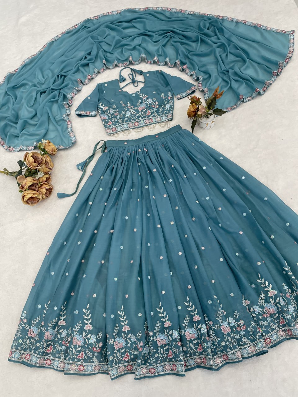 Star Gorgette Embroidery n Pipe Bead With Traditional Work Lehenga