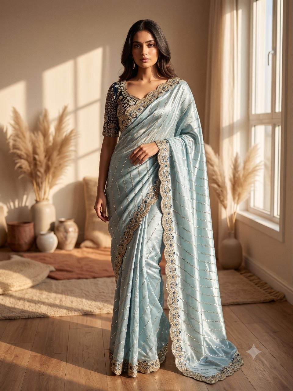 Soft Space Silk Bead sequins and Zari Embroidery Work Saree