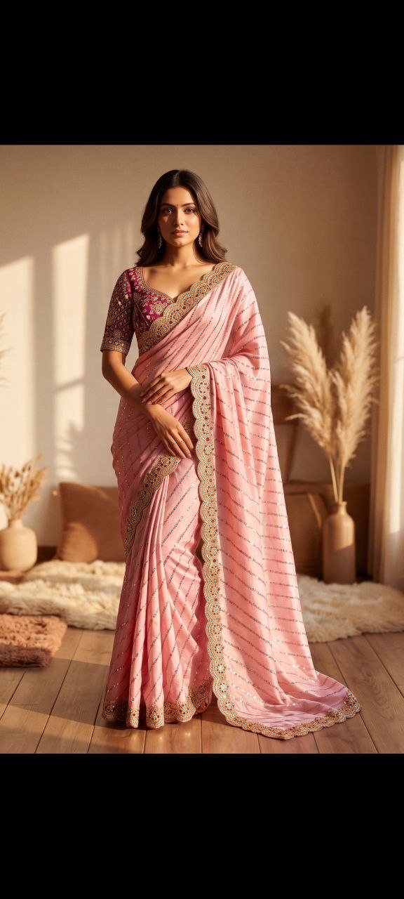 Soft Space Silk Bead sequins and Zari Embroidery Work Saree