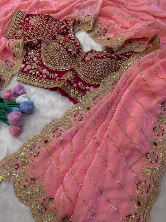 Soft Space Silk Bead sequins and Zari Embroidery Work Saree