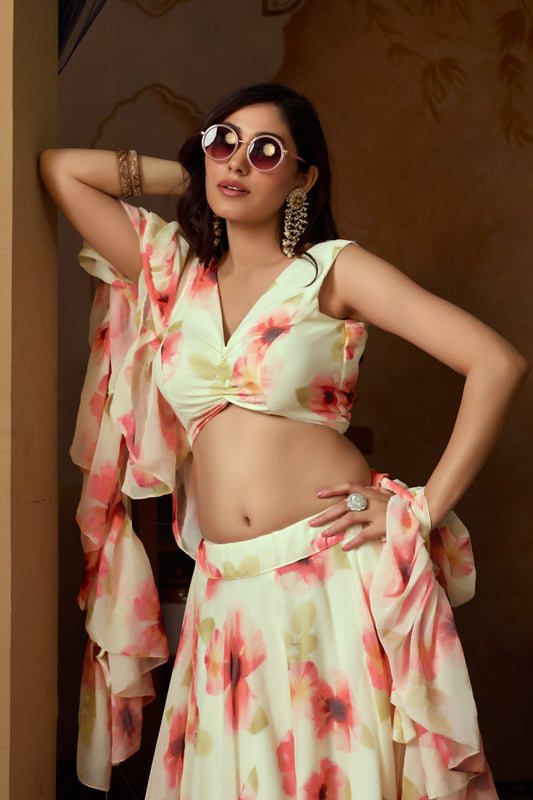 Soft Georgette digital painted floral design lehenga