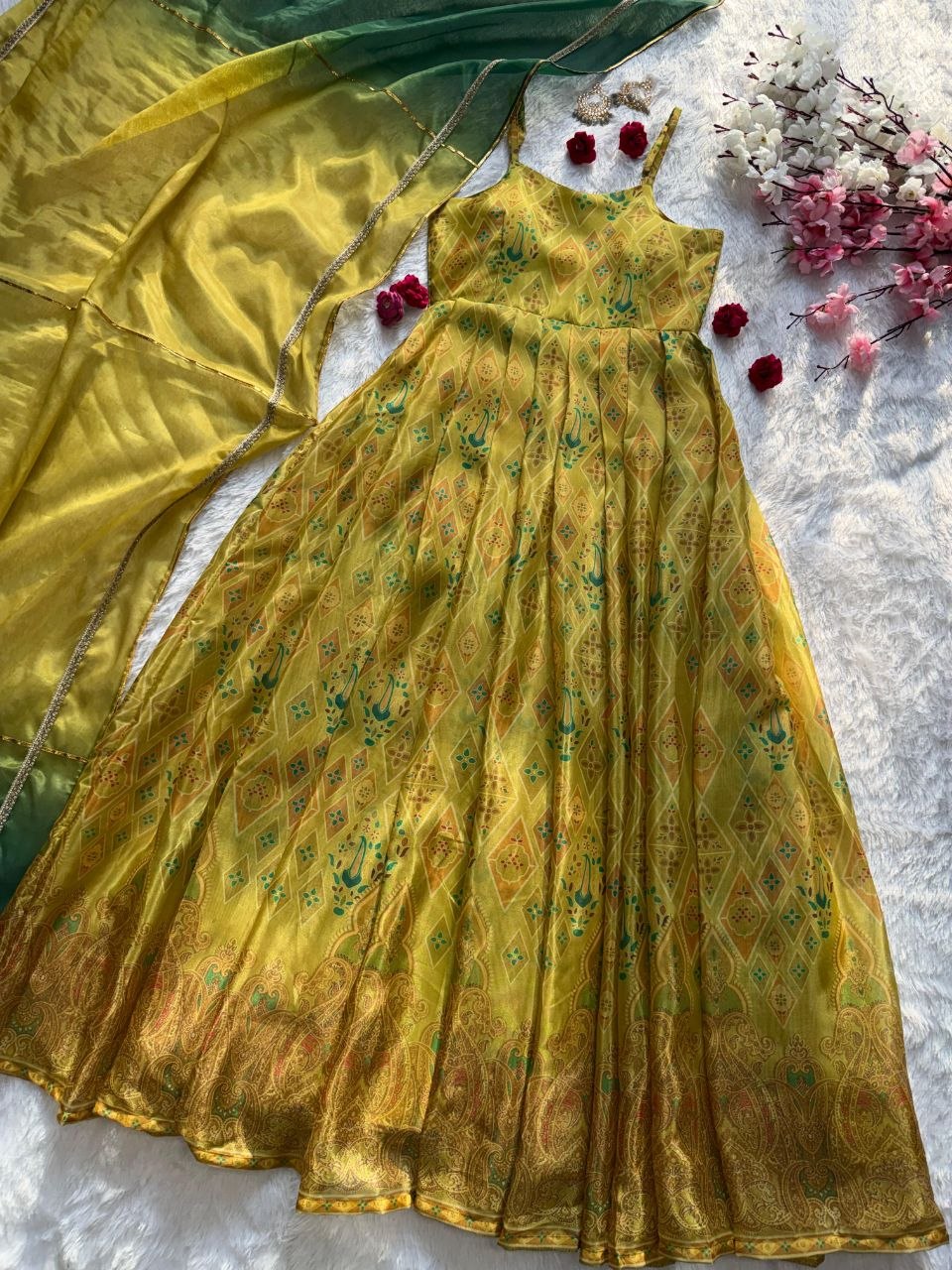 Digital printed Jimy organza silk suit with huge flair