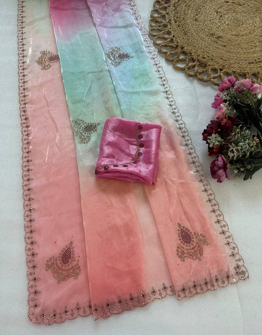 Pure Fandy satin material wih digital prints and jarkan diamond attched