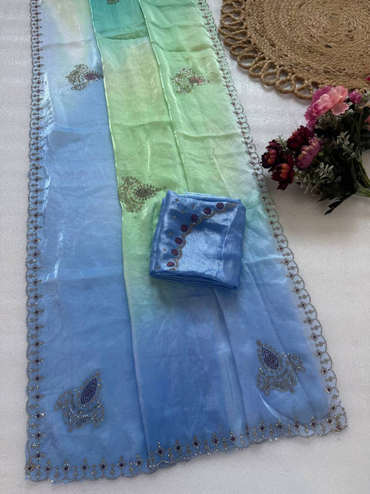 Pure Fandy satin material wih digital prints and jarkan diamond attched