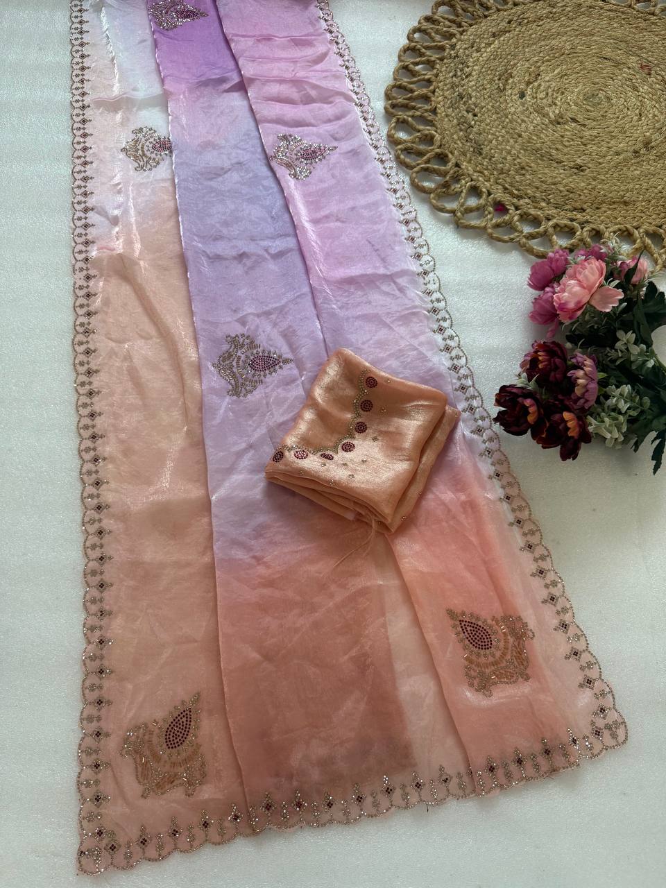 Pure Fandy satin material wih digital prints and jarkan diamond attched