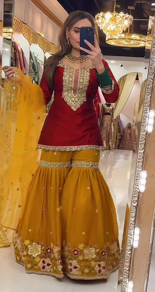 Launching New Designer Party Wear Look Top Sharara Plazzo and Dupatta