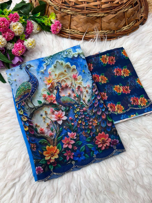 Wetless digital print with beautiful jarkhan work saree