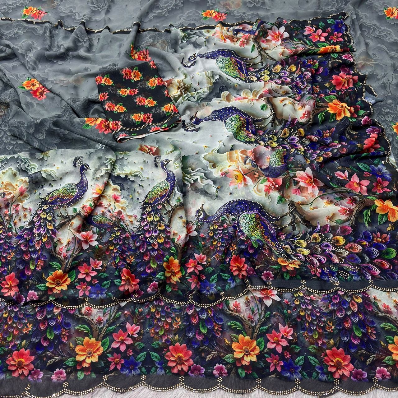 Wetless digital print with beautiful jarkhan work saree