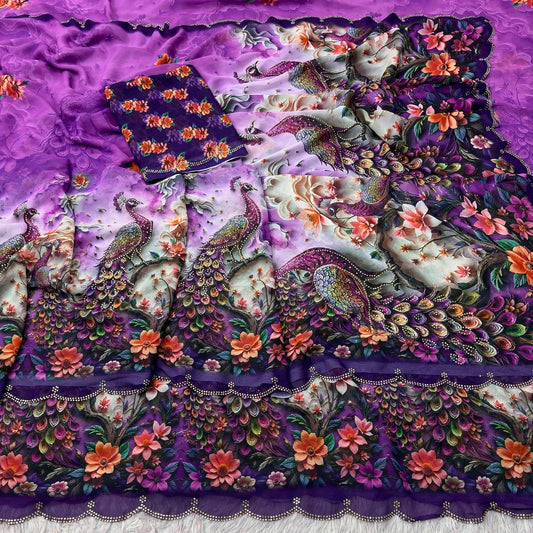 Wetless digital print with beautiful jarkhan work saree