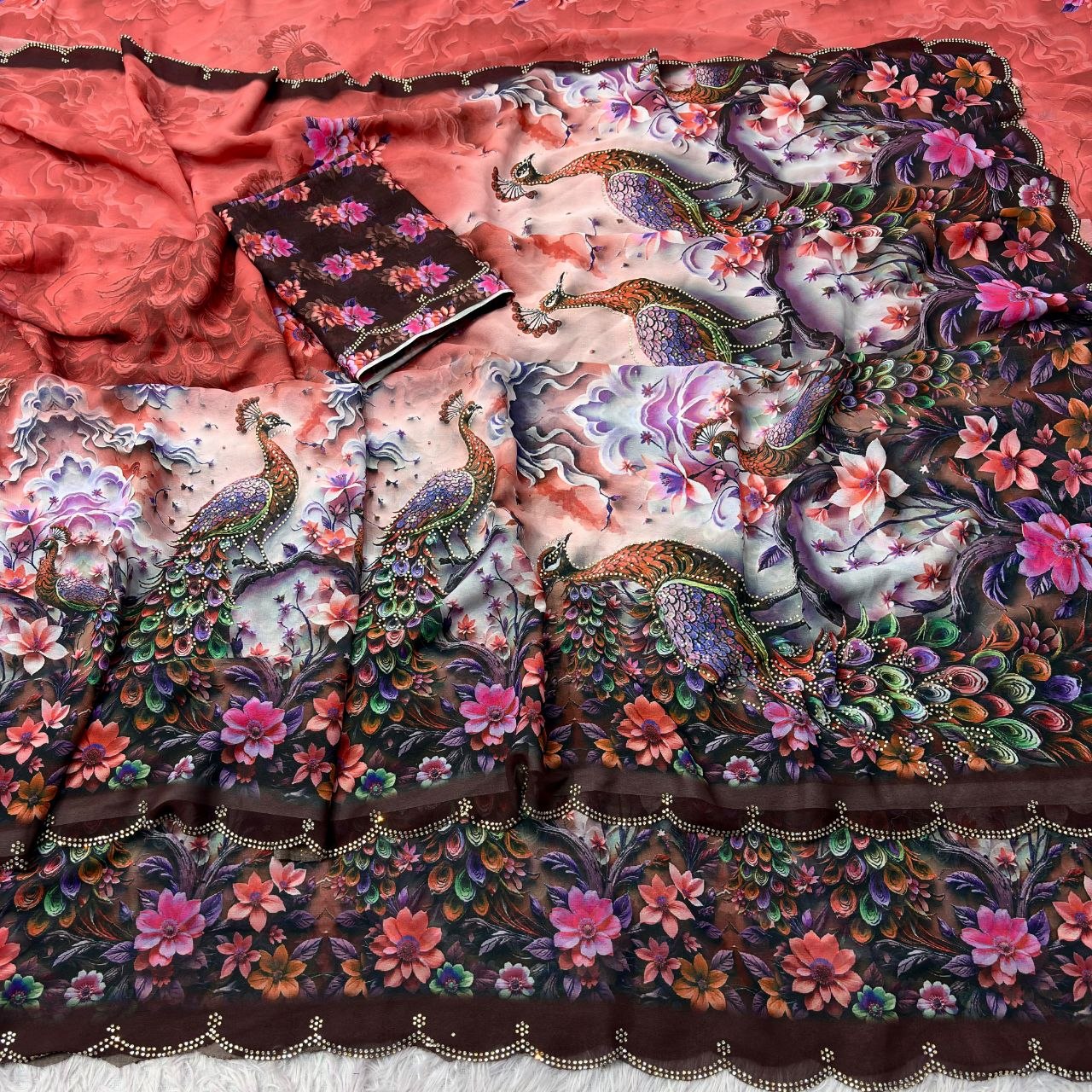 Wetless digital print with beautiful jarkhan work saree