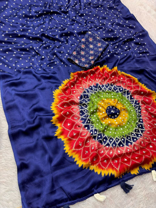 Japan sattin With original mirror work With tassels in pallu saree