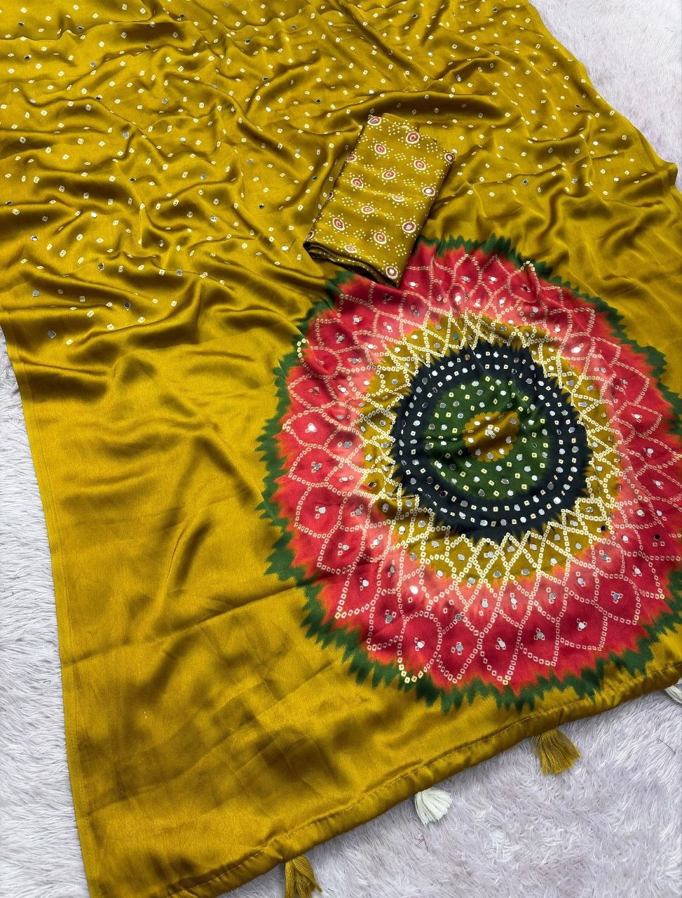Japan sattin With original mirror work With tassels in pallu saree