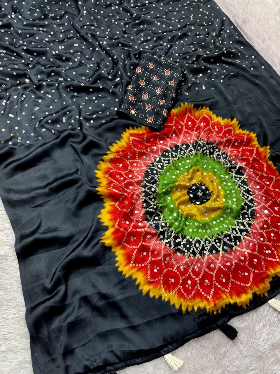 Japan sattin With original mirror work With tassels in pallu saree