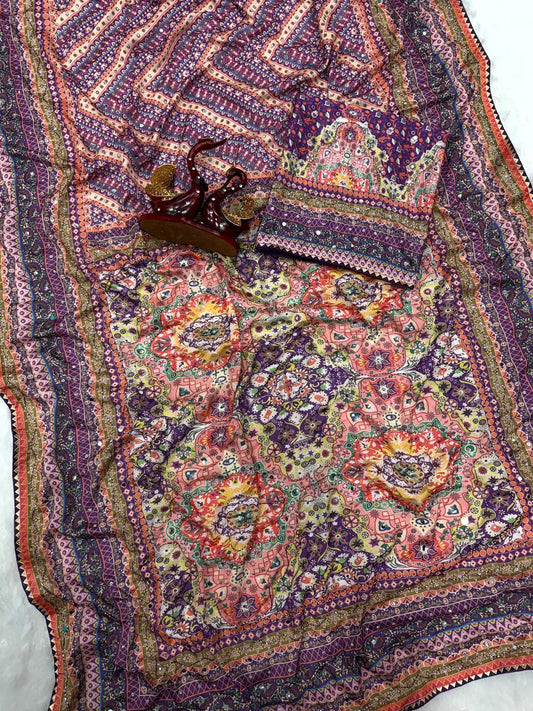 Soft Chinnon with beautiful print saree