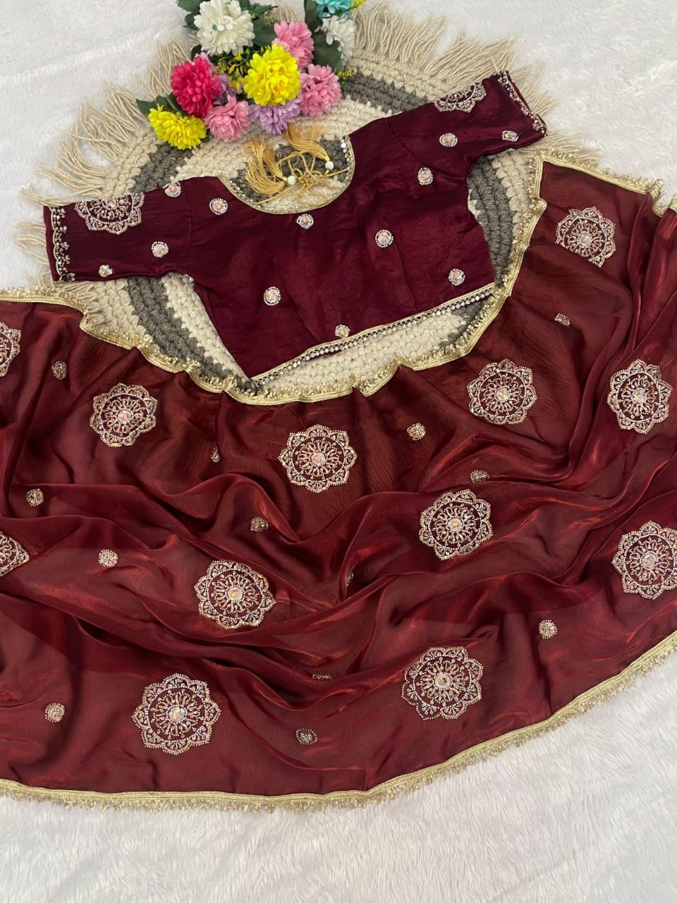 Very Soft nd Elegant rich look space silk fabric with amazing embroidery beats work saree