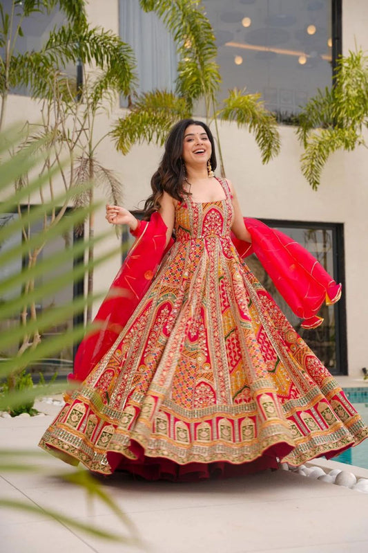 Digital printed Jmy organza silk suit with huge flair