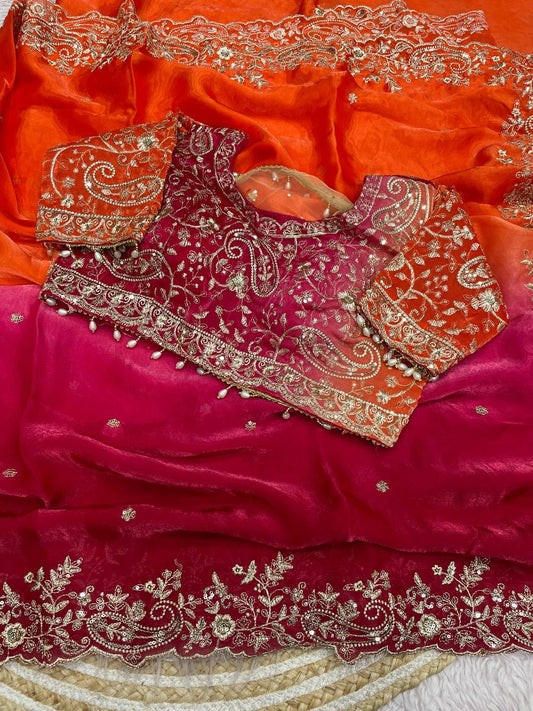 Premium fandy satin paidding with c pallu embroidery work saree