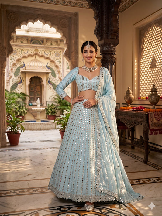 Sehen Sie umwerfend aus in diesem wunderschönen cremefarbenen Lehenga-Set