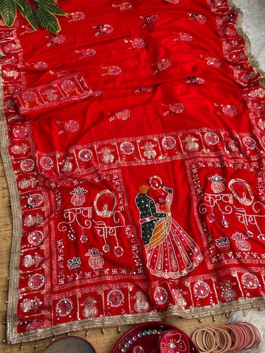 Very Pretty Nd Beautiful Women wearing this Red colour hit karvachauth saree
