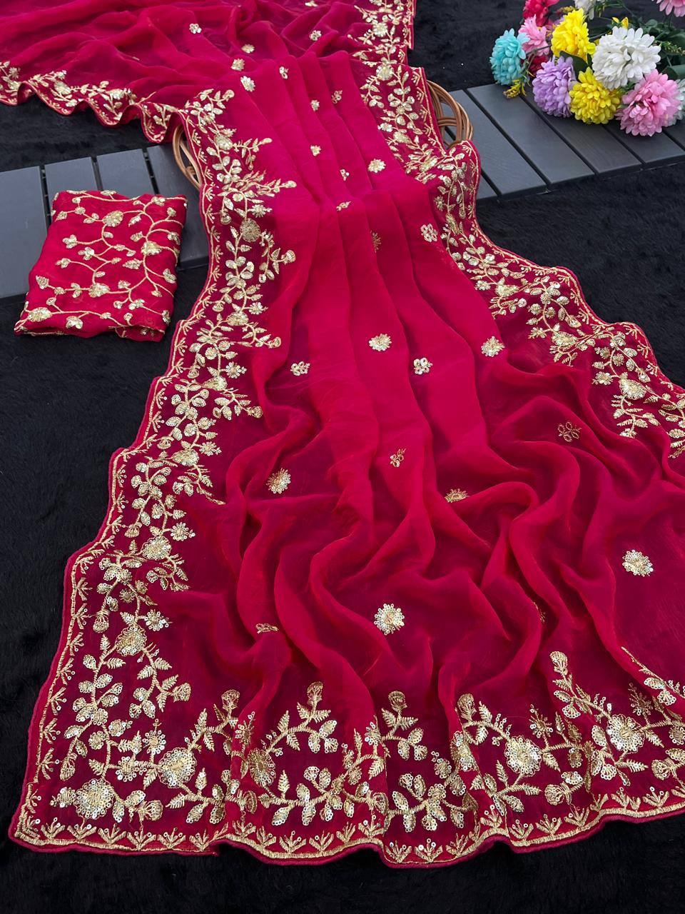 Premium Fandy chiffon with c pallu 3 mm sequnce saree