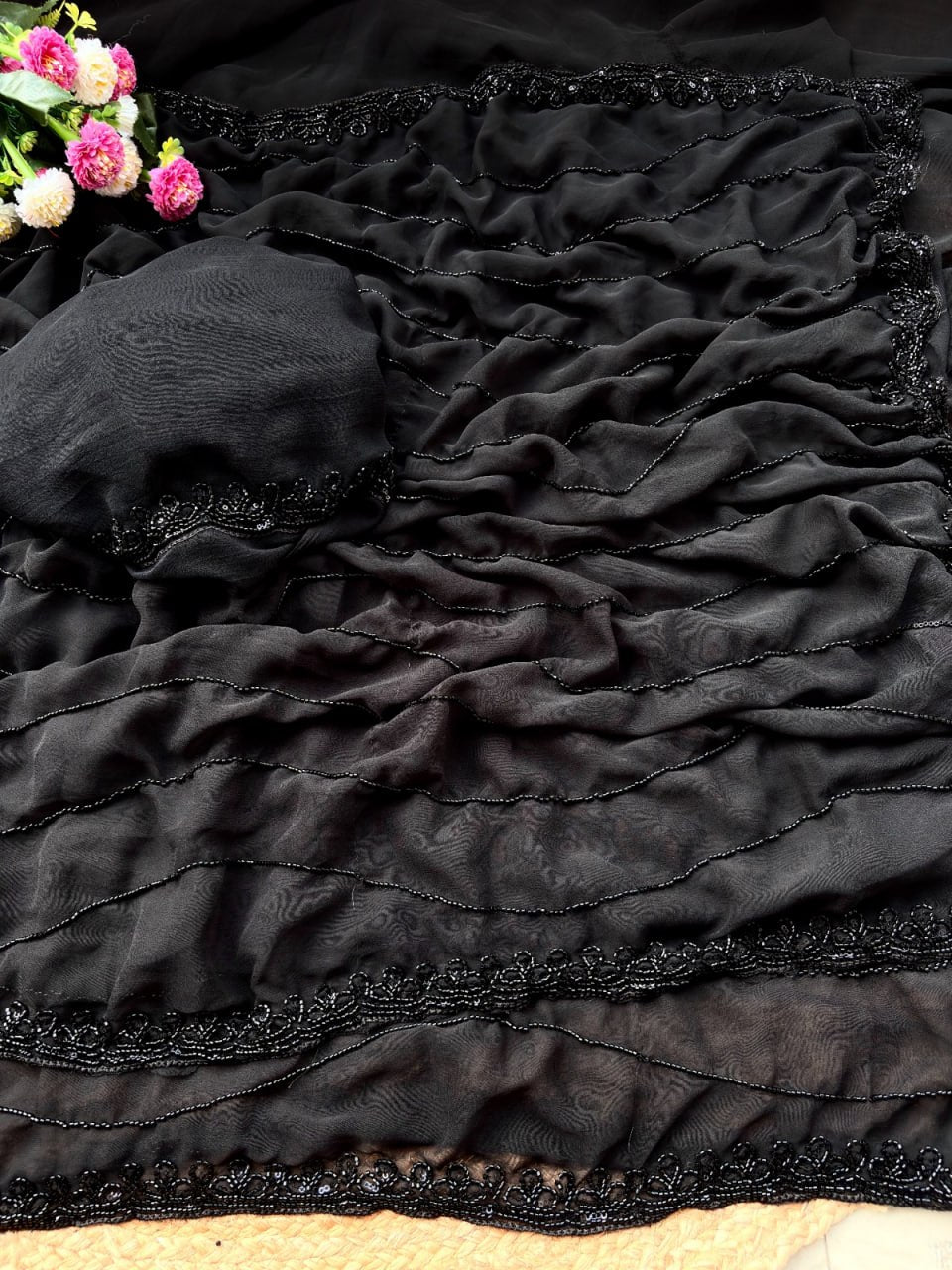 Pure Fox Georgette With Beautiful Original Black Beeds Work Saree