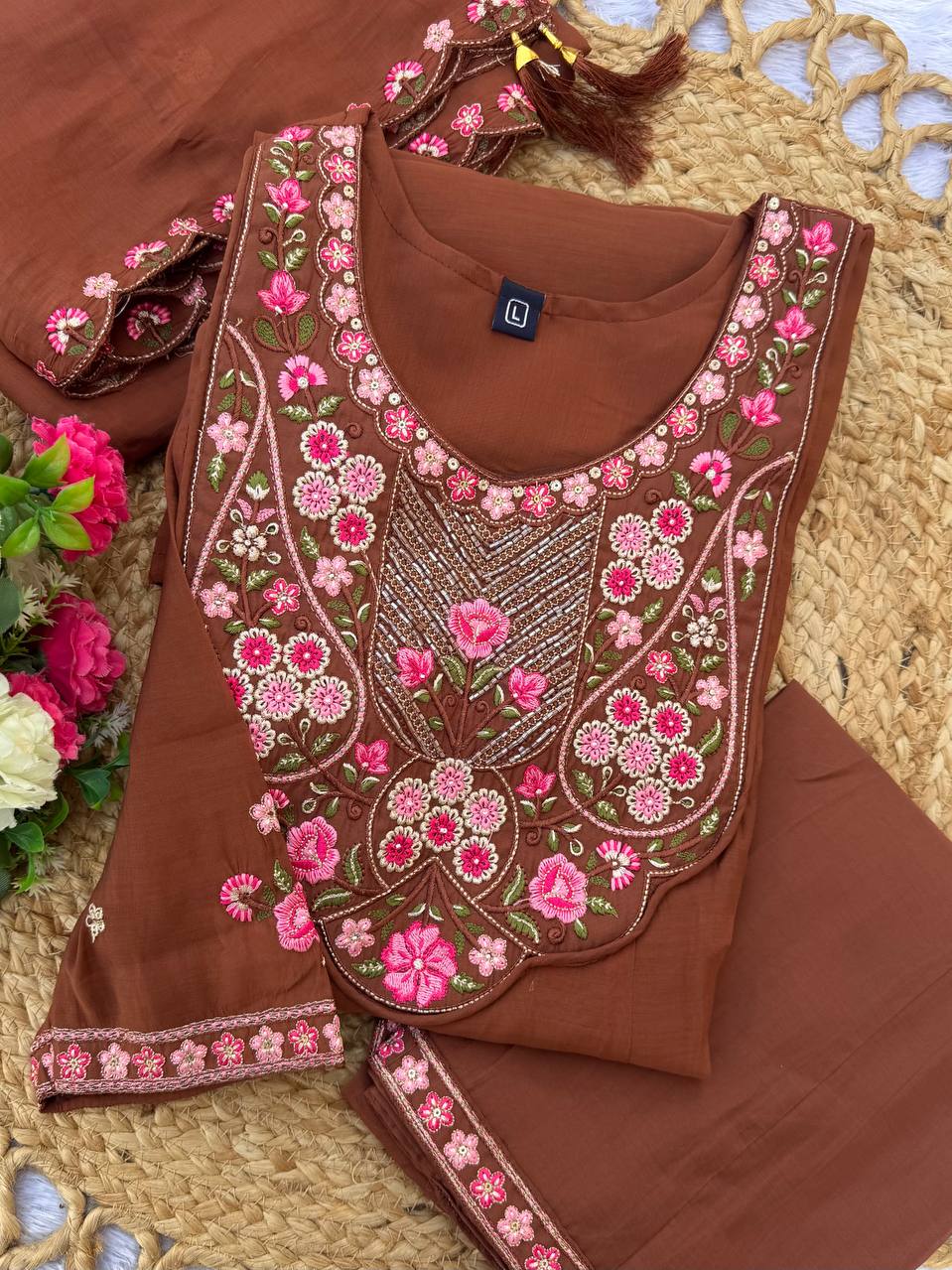 Mal Chanderi Multi Embroidery Thread With Real Hand Work Anarkali Kurti