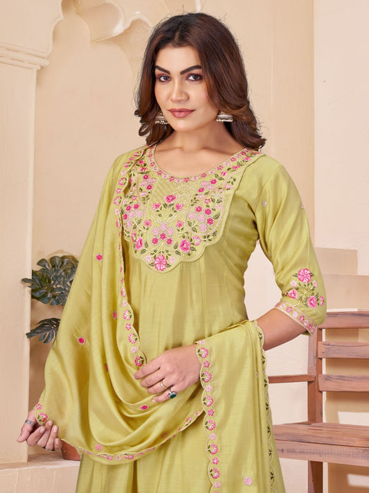 Mal Chanderi Multi Embroidery Thread With Real Hand Work Anarkali Kurti