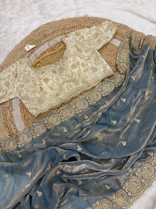 Soft space silk Satin Saree with heavy embroidery choli
