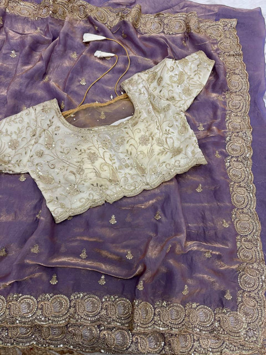 Soft space silk Satin Saree with heavy embroidery choli