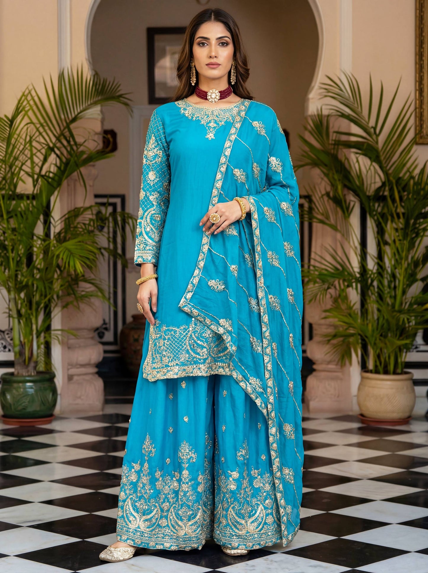 Elevate your festive style with these stunning embroidered sharara suits