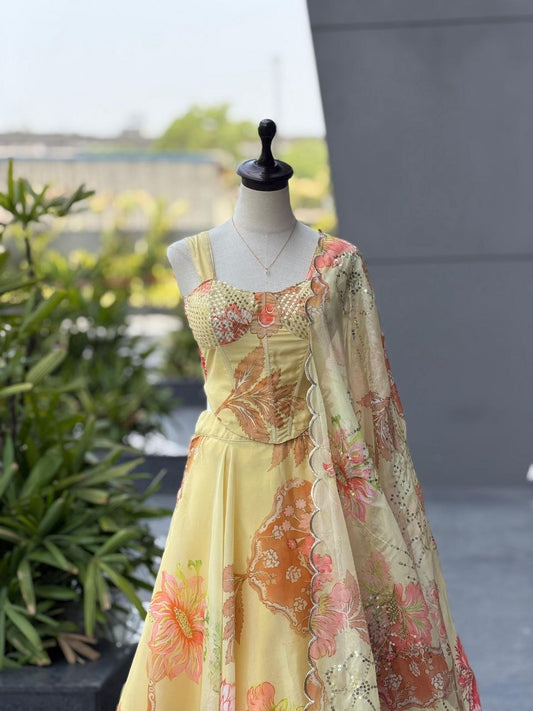 Pure Organza digital printed lehnga 8mtr flair lehnga