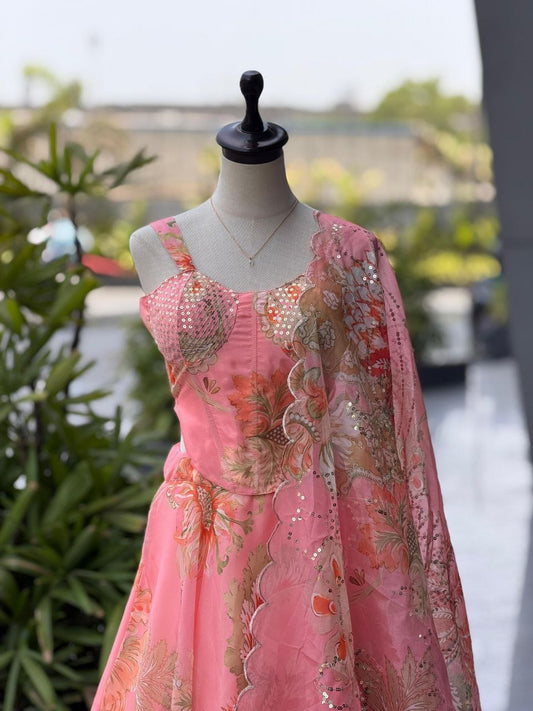 Pure Organza digital printed lehnga 8mtr flair lehnga