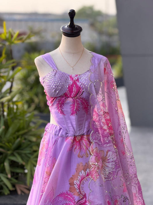 Pure Organza digital printed lehnga 8mtr flair lehnga
