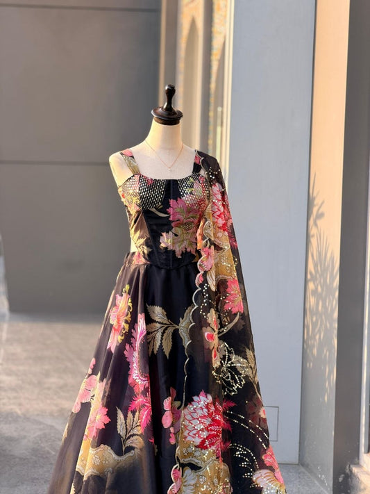 Pure Organza digital printed lehnga 8mtr flair lehnga