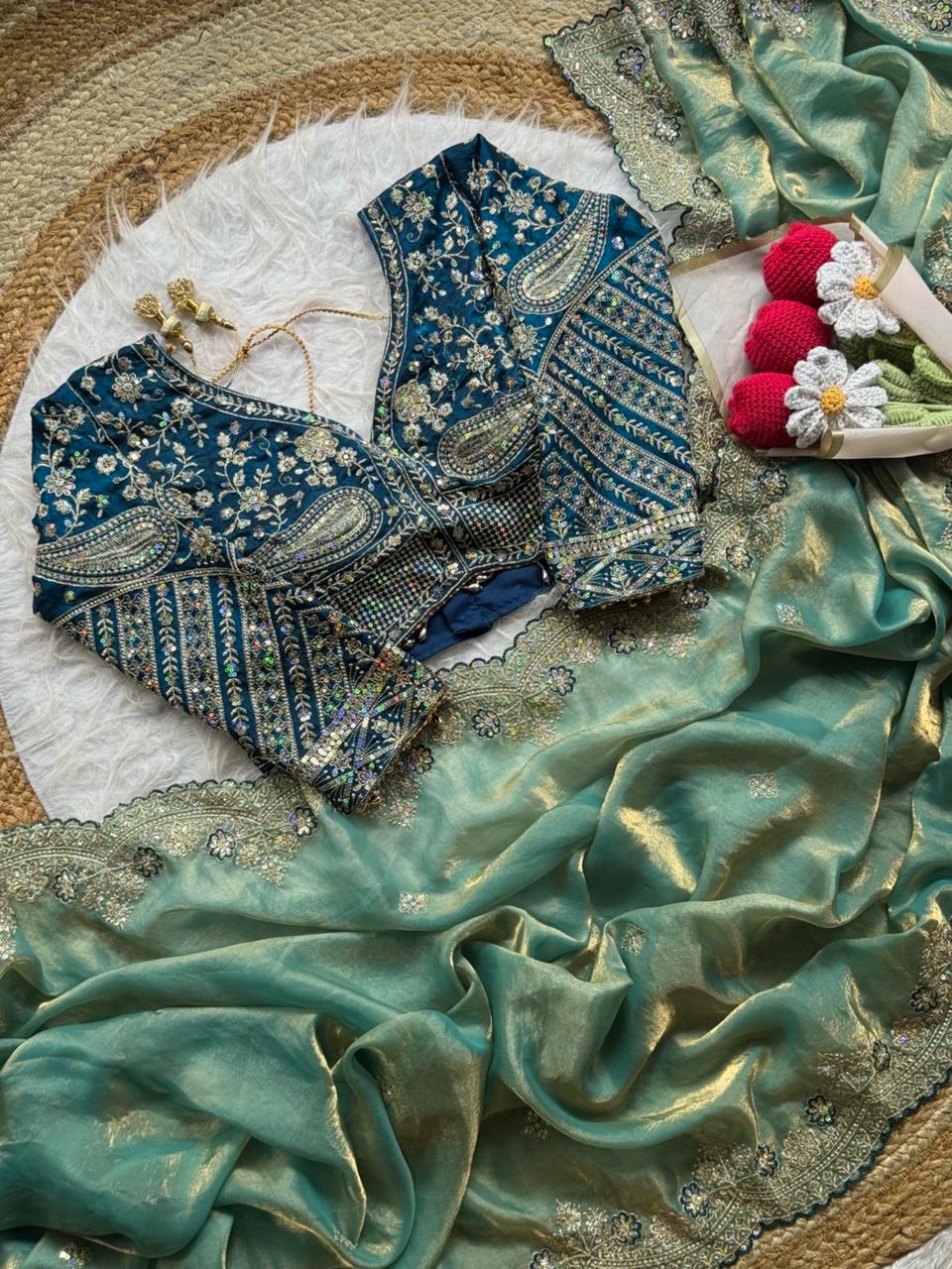 Soft Space Silk Saree With Heavy Embroidery Of Sequins Multi Thread