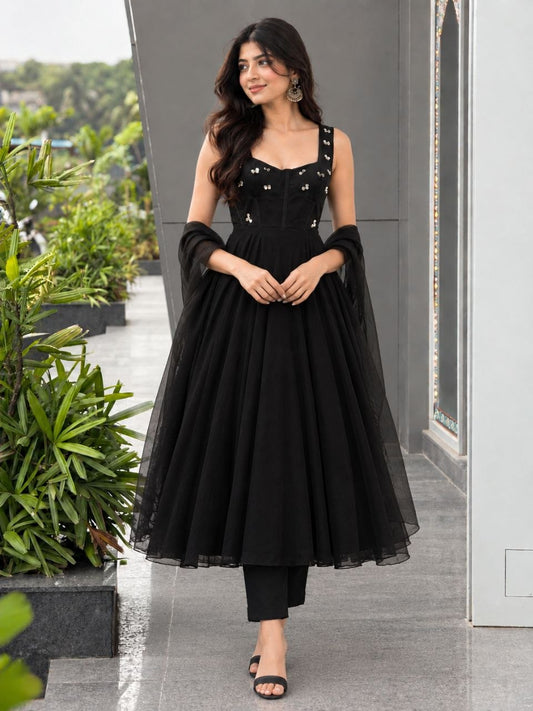 Faux Georgette fabric corset pattern Anarkali with Pretty Daimond detailing