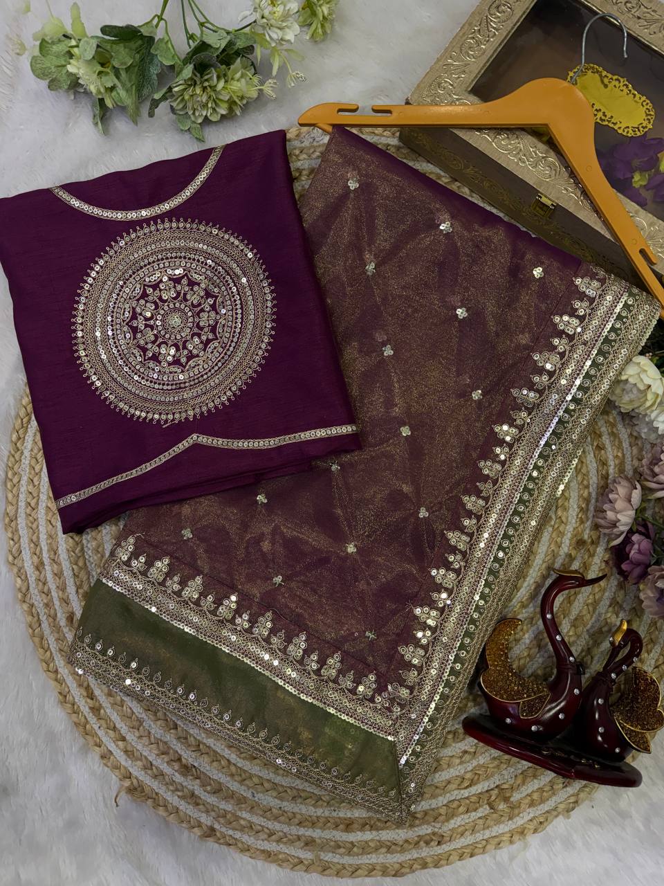 Soft NC Twill Sequance and cording Embroidery Work Saree