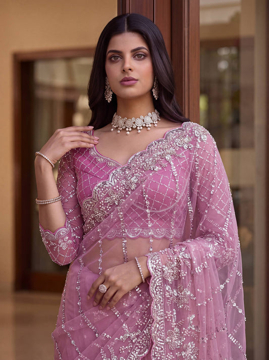Net Intricately Bidds handwork embroidered saree