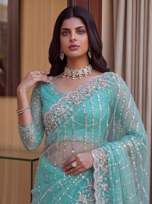 Net Intricately Bidds handwork embroidered saree